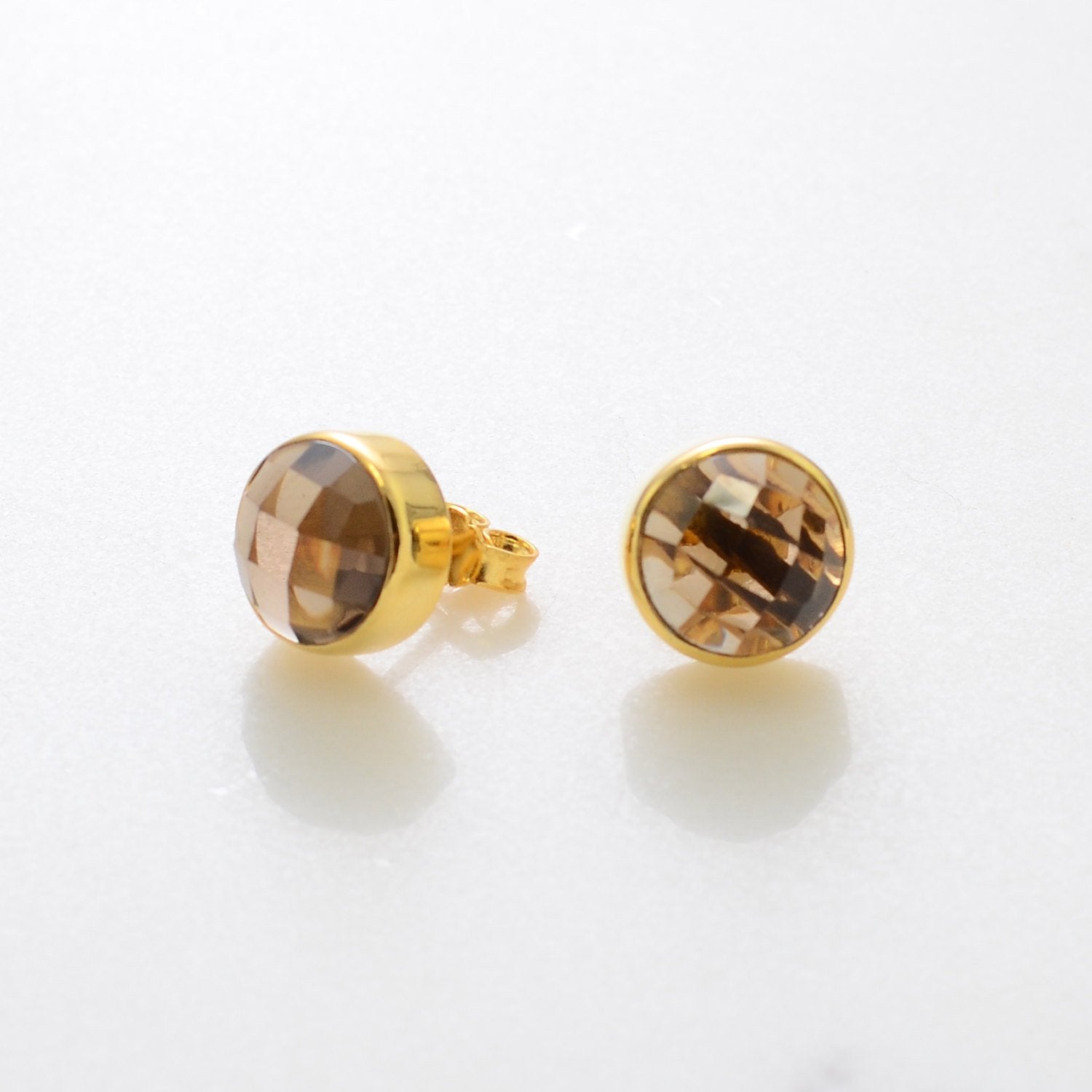 Smoky Quartz Studs - Post Earrings - Studs Earrings - Gold Studs - Gemstone Earrings Studs - Round Studs - Stone Stud Earrings - Small Studs