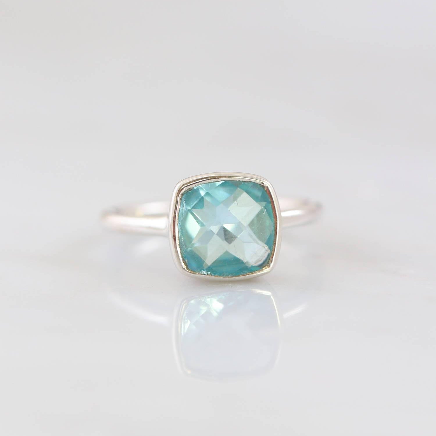 Wedding Ring, March Birthstone Ring, Aquamarine rings, Blue stone Stackable rings, Bridesmaid silver ring, Cushion cut ring, ring for mom