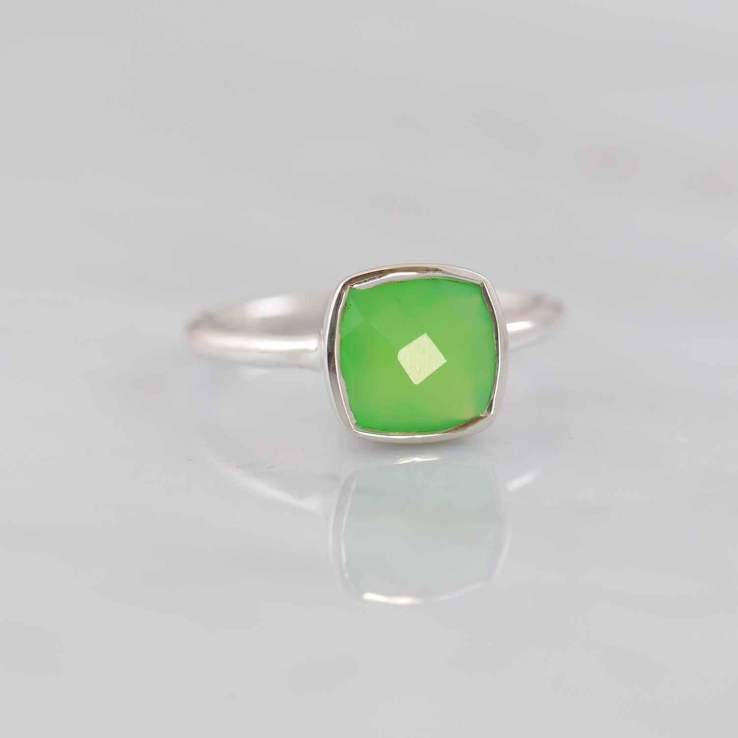 Chrysoprase Ring, Cushion Cut Ring, Sterling Silver Ring, Everyday Ring, Simple ring, Stacking ring, Bezel set ring, Faceted Cushion Ring