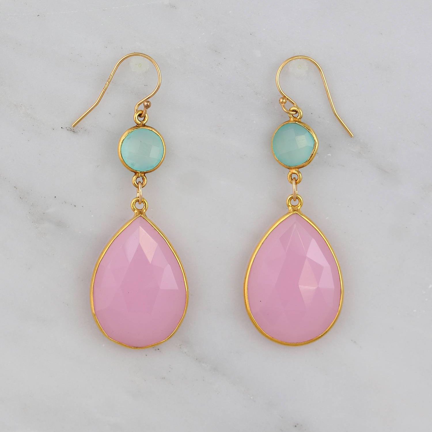 Pink Chalcedony Earring, Aqua Chalcedony, Two Tier Earring, Gold filled wires Earring, Large Gemstone Earring, Elegant Statement Earring