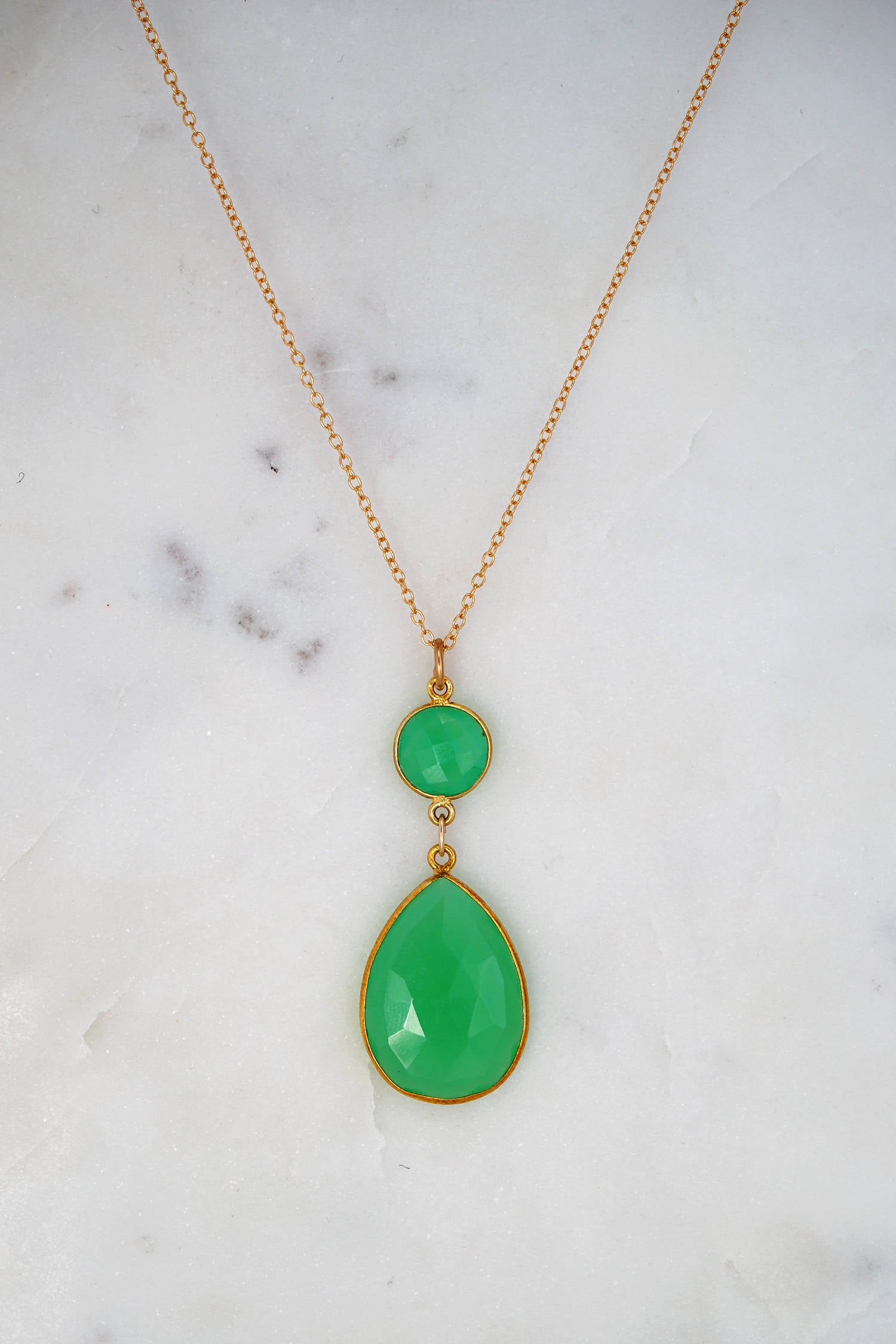 Chrysoprase Necklace, Two Tier Gemstone Necklace, Bezel set necklace, Jewelry gift for Christmas, Teardrop Pendant Necklace, Gold Necklace