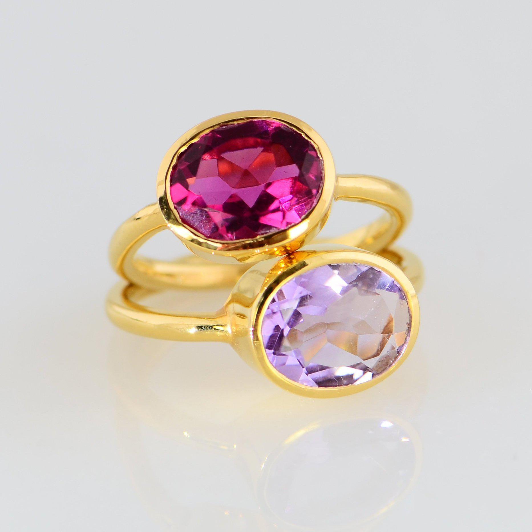 Duo Gemstone Ring, Purple Amethyst, Pink Spinel Quartz Ring, Fuchsia ring, Gemstone rings, Stackable Ring, Oval Stone Ring, Stacking Ring