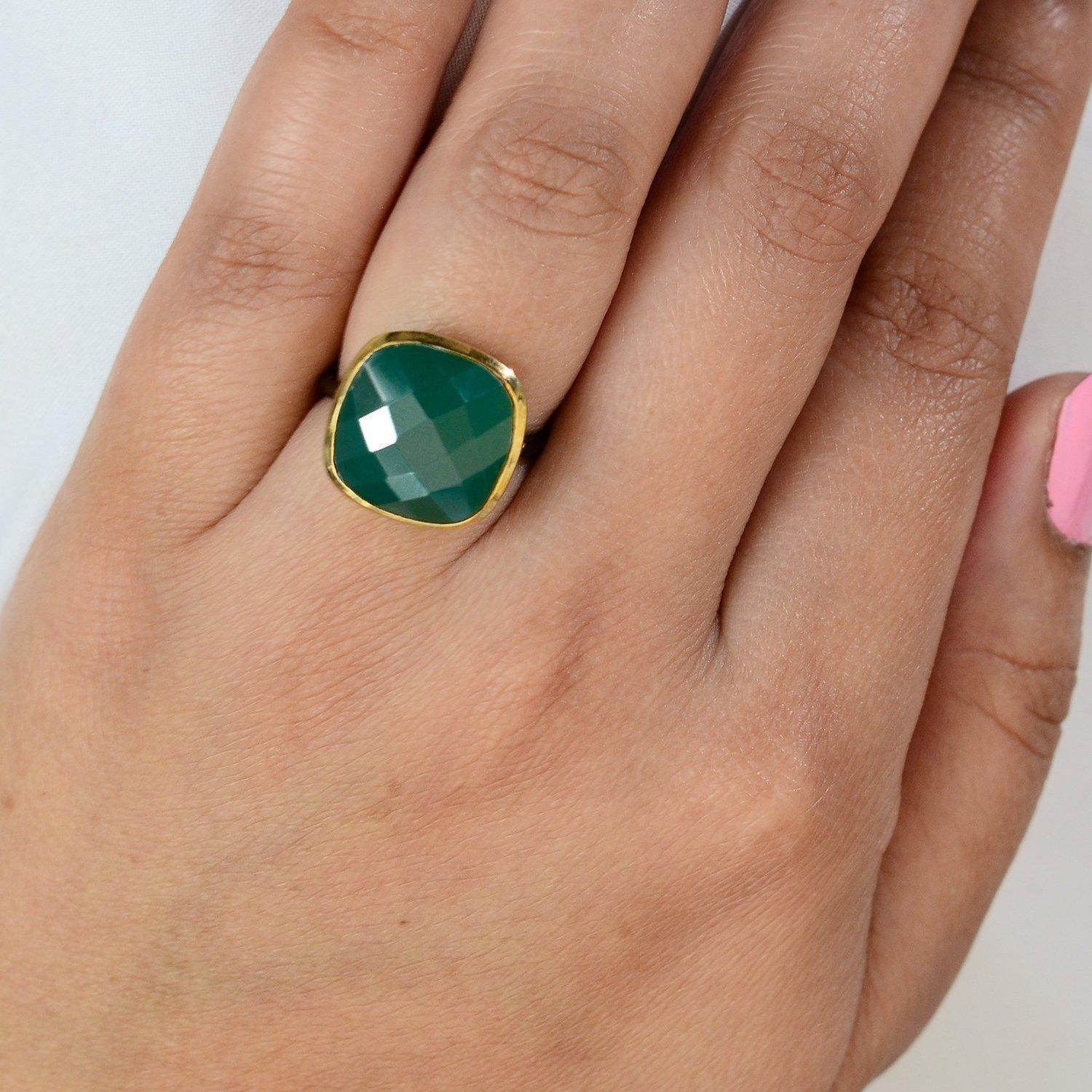 Green Onyx ring, Large gemstone ring, May Birthstone ring, Faceted bezel ring, Cushion shape ring, Birthday Gift for her, Everyday Ring