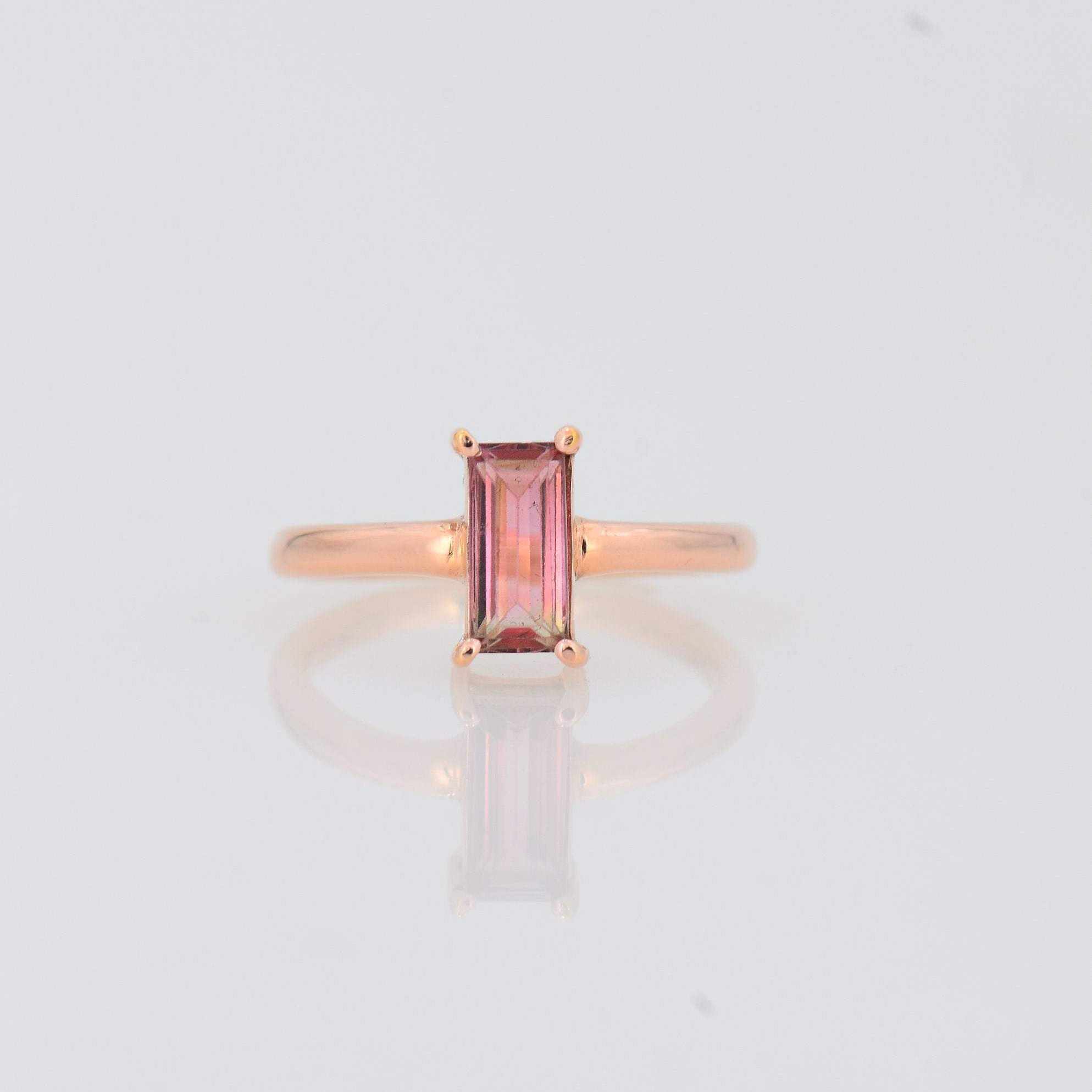 Pink Tourmaline Ring, Baguette Solitaire Ring