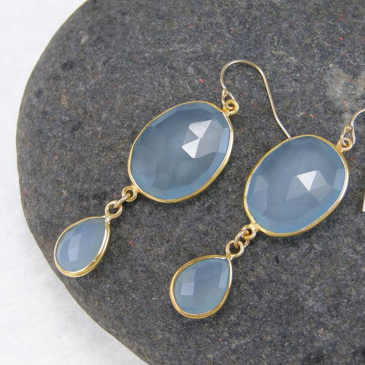Aqua Chalcedony Double Drop Earrings - Bezel Earrings - Gemstone Earrings