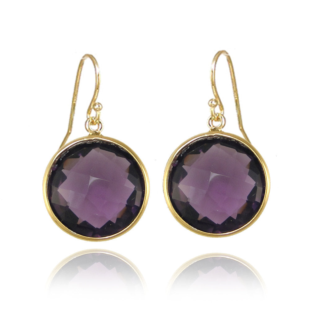 Purple Amethyst earring,  Purple Gemstone earring,  Gold round earring, Birthstone Earring, Silver Bezel set Earring, Bridesmaid Jewelry